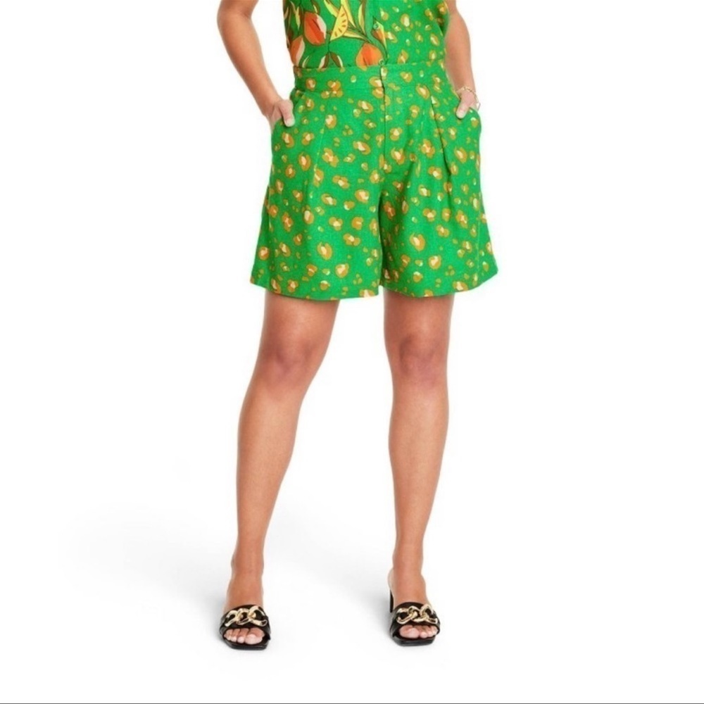 Tabitha Brown Green Orange Leopard Print Linen Shorts Size XS